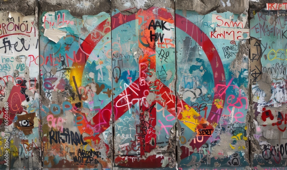 Naklejka premium graffiti art on Berlin Wall, vibrant and colorful, featuring iconic peace signs and messages, capturing spirit of creativity and historical significance