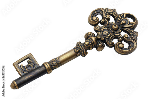 Ornate Antique Key with Intricate Details on a White Background
 photo