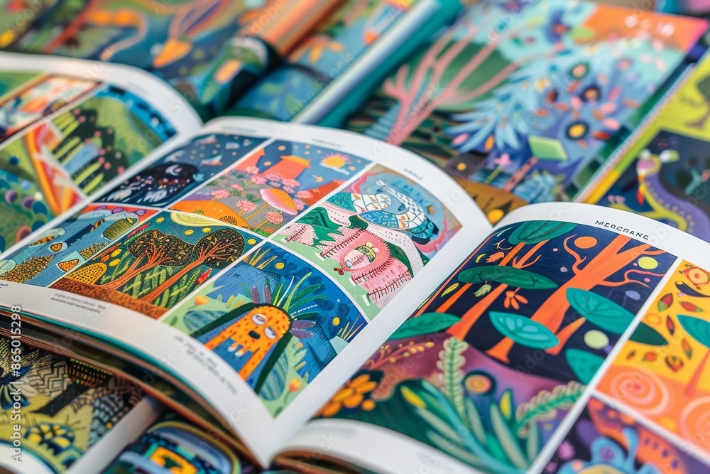 Fototapeta premium Open childrens book showcasing colorful illustrations on every page, A textbook with pages filled with colorful illustrations