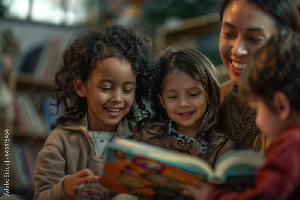 29. Portrait of a mixed-ethnicity teacher reading a book to young children, warm lighting, happy expressions, classroom setting 29. Portrait of a mixed-ethnicity teacher reading a book to young children, warm lighting, happy expressions, classroom setting