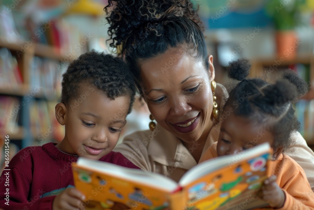 29. Portrait of a mixed-ethnicity teacher reading a book to young children, warm lighting, happy expressions, classroom setting 29. Portrait of a mixed-ethnicity teacher reading a book to young children, warm lighting, happy expressions, classroom setting