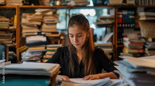 A young woman in an office sits at a desk with tall stacks of documents. Concept of office work and overwork. Concept of working in an archive with documents