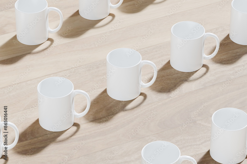 3D Rendering White mug mockup with blank space for your text or content on a wooden podium on a white background. Coffee mug mockup, close-up. 3D Rendering White mug mockup with blank space for your text or content on a wooden podium on a white background. Coffee mug mockup, close-up.