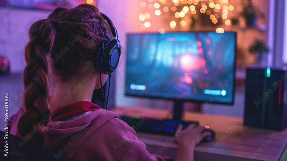 Cyber sport girl gamer wearing headphones playing video game at computer in neon light view from behind. The concept of cybersport Cyber sport girl gamer wearing headphones playing video game at computer in neon light view from behind. The concept of cybersport