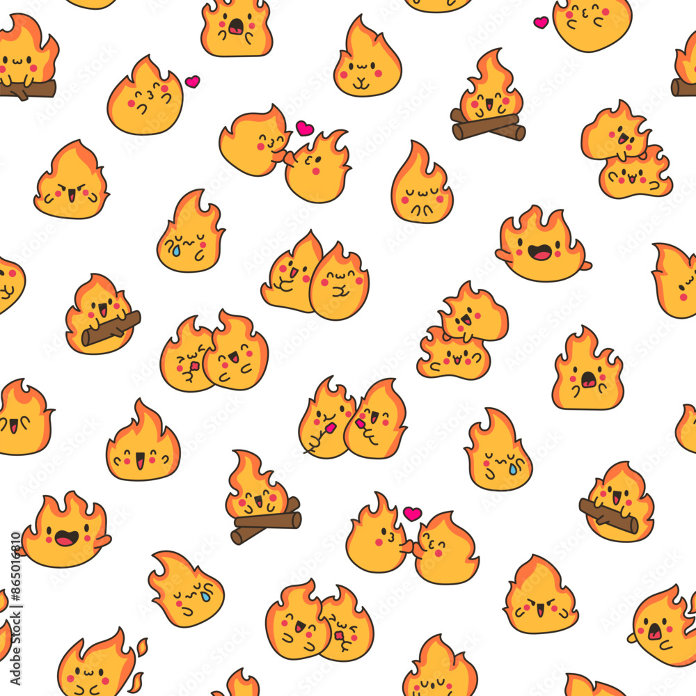 Obraz premium Cute kawaii little fire. Seamless pattern. Cartoon flame characters. Hand drawn style. Vector drawing. Design ornaments.