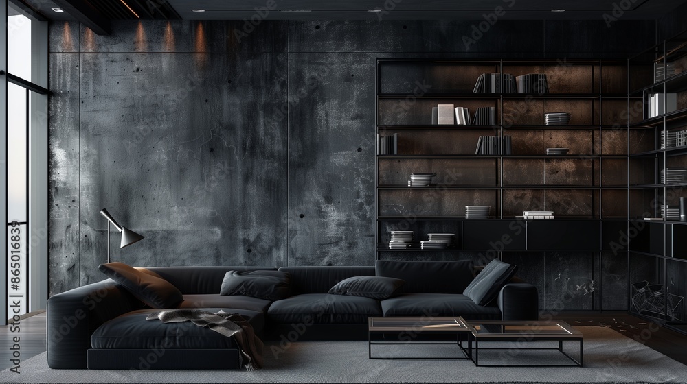 A modern living room with a black sofa, dark concrete walls, and a set of avant-garde, black steel bookshelves A modern living room with a black sofa, dark concrete walls, and a set of avant-garde, black steel bookshelves