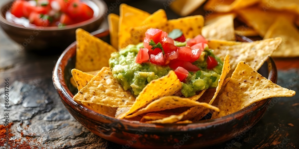 Delicious Nacho Chips with Cheese, Salsa, and Guacamole Dip. Concept Mexican Food, Nachos, Cheese Dip, Salsa, Guacamole Delicious Nacho Chips with Cheese, Salsa, and Guacamole Dip. Concept Mexican Food, Nachos, Cheese Dip, Salsa, Guacamole