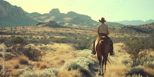 Western cowboy desert landscape with a horse mountains and graphic art. Concept Western Theme, Cowboy Style, Desert Landscape, Horse Photography, Graphic Art