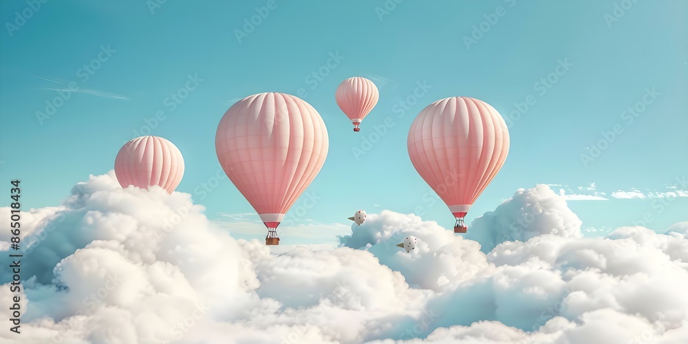 Fototapeta premium Whimsical Easter hot air balloons float above marshmallow clouds in a dreamy sky scene. Concept Easter, Hot Air Balloons, Whimsical, Marshmallow Clouds, Dreamy Sky