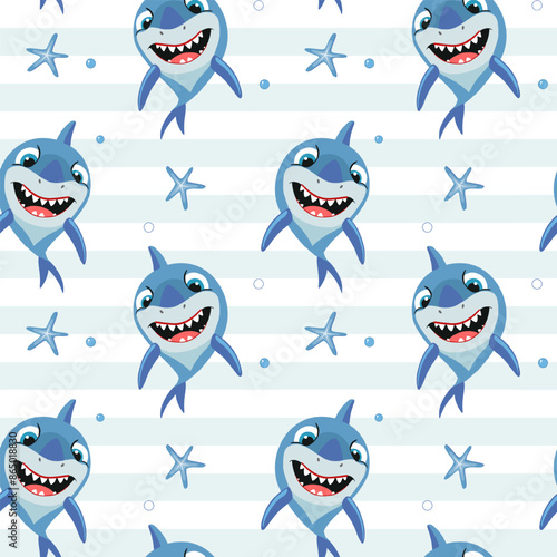 Funny fish characters. Seamless pattern with cartoon sharks. Shark vector backgrounds.
