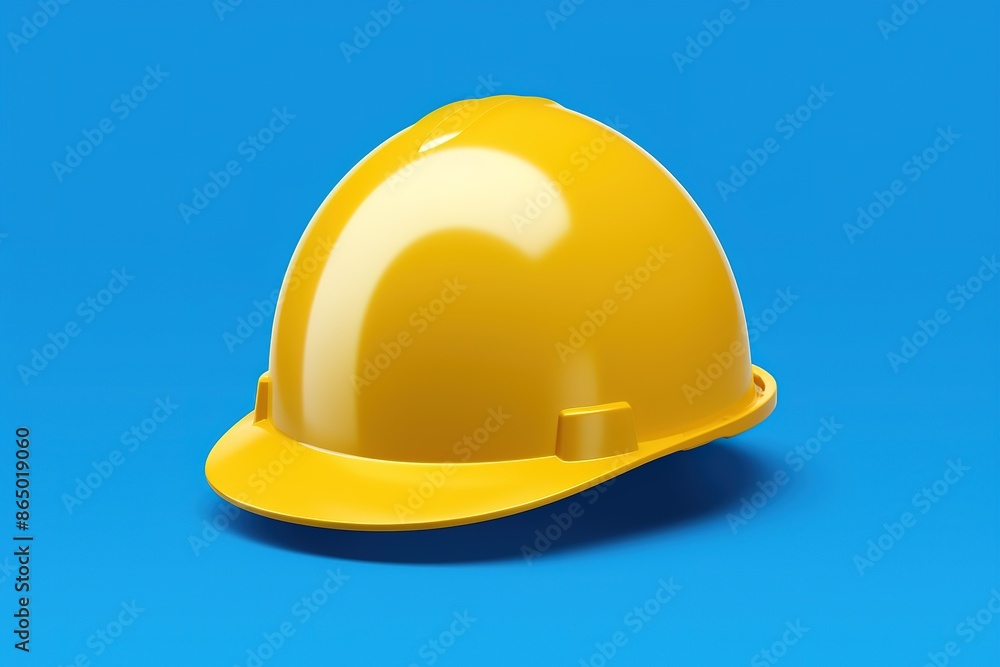 Fototapeta premium Yellow Hard Hat Isolated on Flat Blue Background with Shadow 3D Illustration