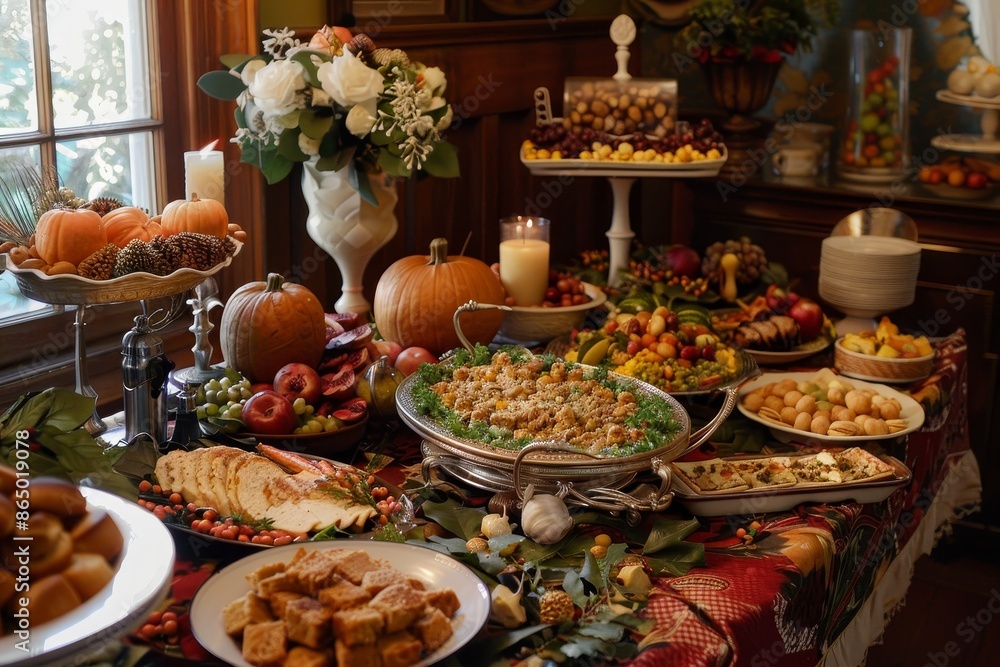A wide variety of delicious food dishes spread out on a table for a Thanksgiving feast, A Thanksgiving feast with a table filled with delicious food and decorations A wide variety of delicious food dishes spread out on a table for a Thanksgiving feast, A Thanksgiving feast with a table filled with delicious food and decorations