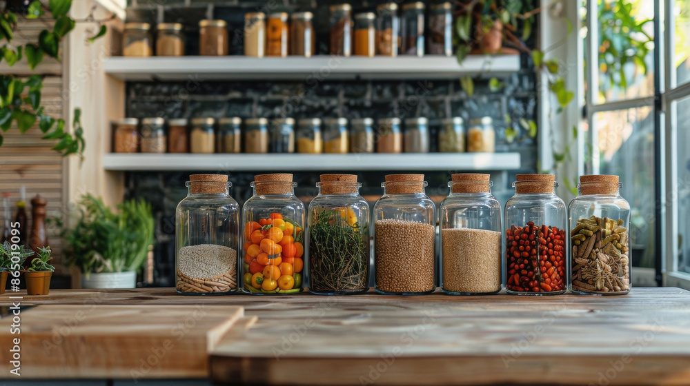 Bulk foods in glass jars on wooden table Bulk foods in glass jars on wooden table
