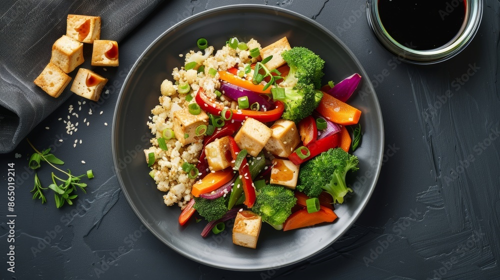 cauliflower rice stir-fry with colorful vegetables, tofu cubes, and a savory soy sauce glaze. cauliflower rice stir-fry with colorful vegetables, tofu cubes, and a savory soy sauce glaze.
