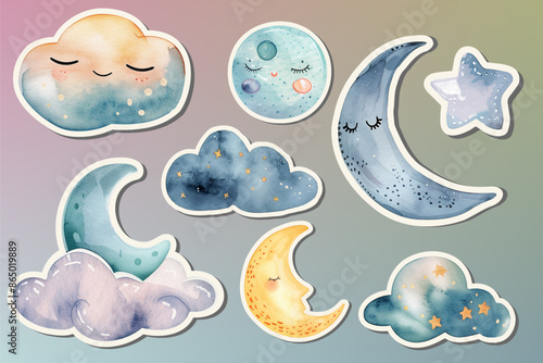 Set of watercolor moon and stars stickers. Delicate, magic childish decoration. Fairy illustration, wall stickers.