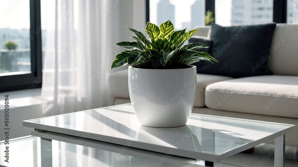 Fototapeta premium plants on a white plant pot in a condominium, growing plants in a Modern Condominium, eco, green plants, Nature in a City life, close-up plants in a white condominium.