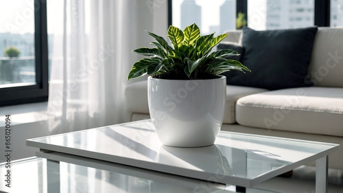 plants on a white plant pot in a condominium, growing plants in a Modern Condominium, eco, green plants, Nature in a City life, close-up plants in a white condominium. © KII06.396