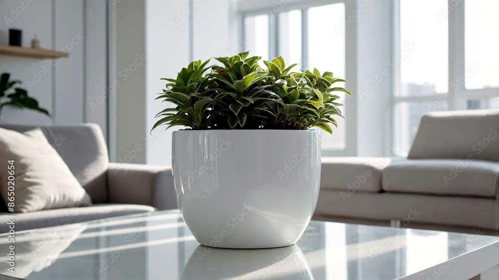 Fototapeta premium plants on a white plant pot in a condominium, growing plants in a Modern Condominium, eco, green plants, Nature in a City life, close-up plants in a white condominium.