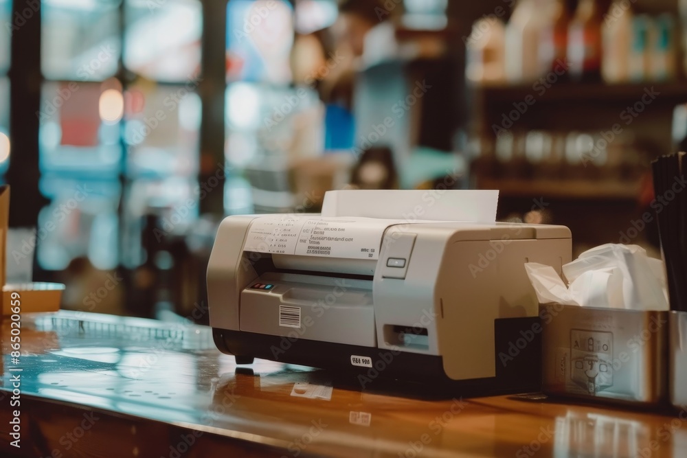 A thermal printer sits on a wooden counter, producing receipts with precision, A thermal printer producing receipts with precision and accuracy A thermal printer sits on a wooden counter, producing receipts with precision, A thermal printer producing receipts with precision and accuracy