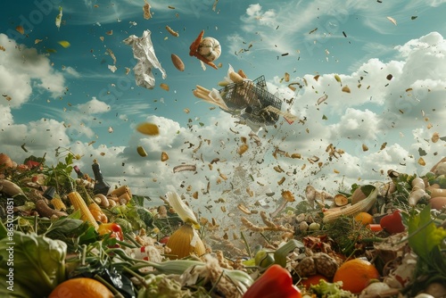 An abundance of food soaring through the air in a chaotic display of waste and excess, A thought-provoking representation of wasted leftovers being tossed in the trash photo
