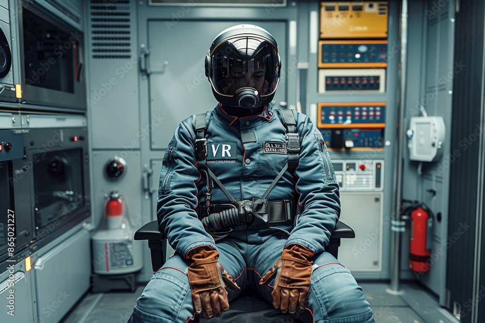 Obraz premium Man using VR headset in a high-tech military setup, exploring advanced virtual reality simulations for training purposes.