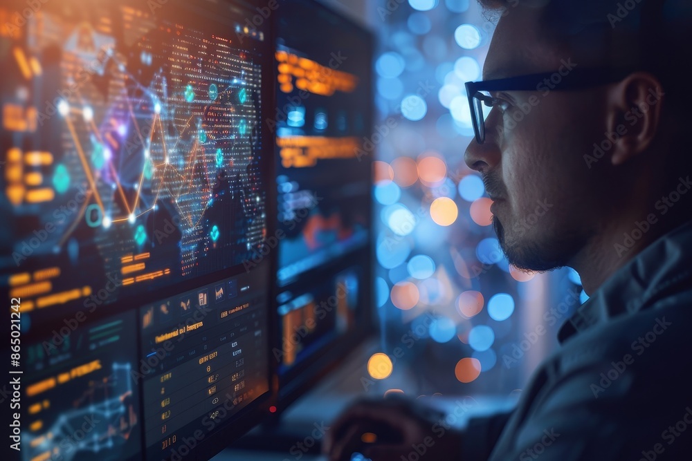 A man wearing glasses is focused on analyzing data displayed on a computer screen, A threat intelligence analyst analyzing data to identify emerging threats A man wearing glasses is focused on analyzing data displayed on a computer screen, A threat intelligence analyst analyzing data to identify emerging threats