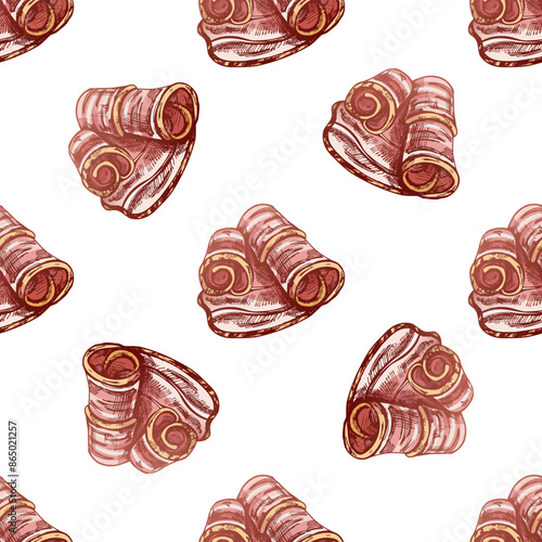 Hand-drawn vector seamless pattern of bacon in engraved vintage style. Hand-drawn monochrome pattern of hamon or pork meat, ham slice. Italian prosciutto vintage sketch.