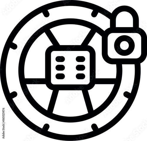 Simple icon depicting a steering wheel with a digital interface locked by a padlock, representing vehicle anti theft technology