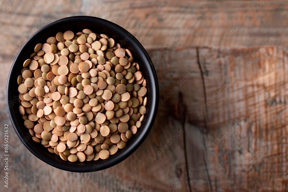 Dry green lentils in a black bowl. Wooden surface. Copy space. Natural light. Top view Dry green lentils in a black bowl. Wooden surface. Copy space. Natural light. Top view