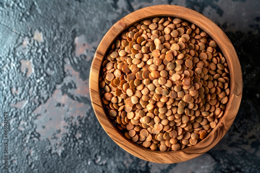 Dry lentils in a brown wooden bowl. Textured surface. Top view. Copy space. Place to write. Natural light Dry lentils in a brown wooden bowl. Textured surface. Top view. Copy space. Place to write. Natural light