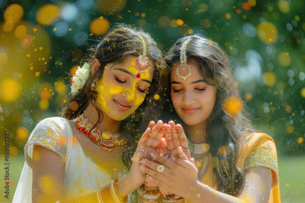young indian women standing in praying position young indian women standing in praying position