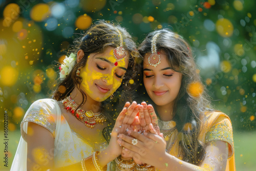 young indian women standing in praying position photo