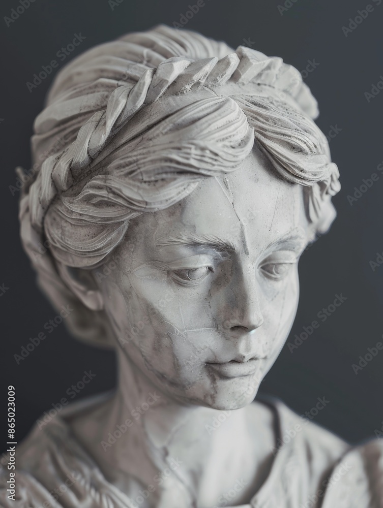 Sculpted marble head of a young woman in antique style. Sculpted marble head of a young woman in antique style.