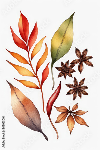 Aromatic autumn spices and fall Leaves on white background in watercolor style.