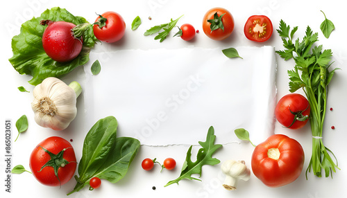 Different vegetables around white paper on wooden table background © Oleksiy