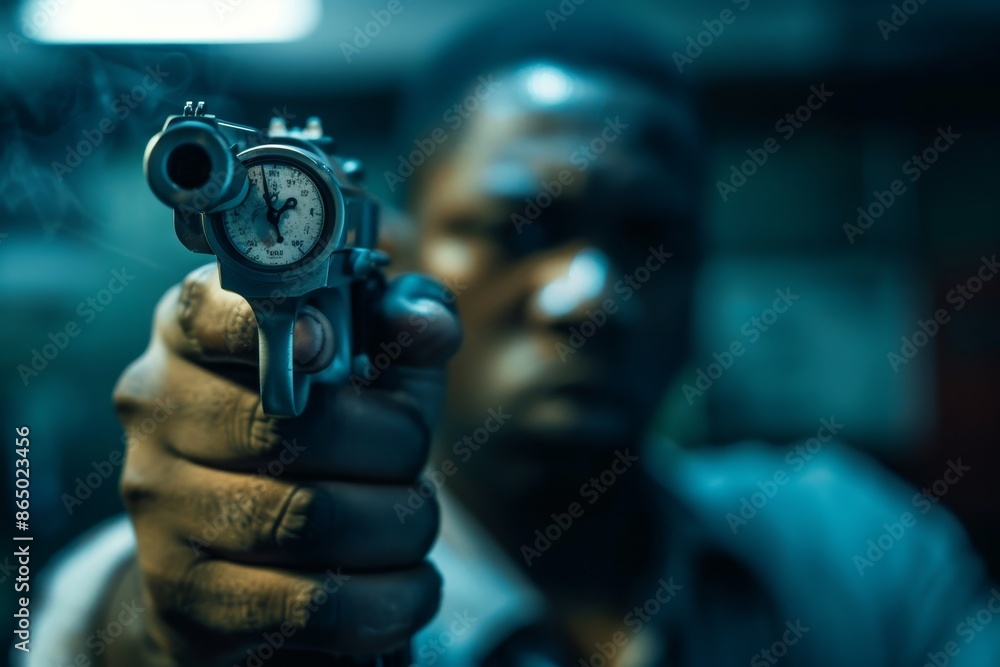 A man aiming a gun directly at the viewer with intensity and focus, A timer ticking down as a shooter takes aim A man aiming a gun directly at the viewer with intensity and focus, A timer ticking down as a shooter takes aim