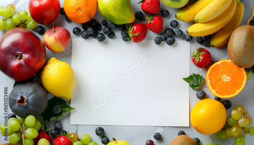 Different fresh fruits around white paper on white wooden table © Oleksiy