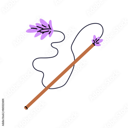 Colored feather wand, rod for kitties. Teaser stick for kittens. Cat toy to play, fun, care about pet. Accessories for active domestic animals. Flat isolated vector illustration on white background