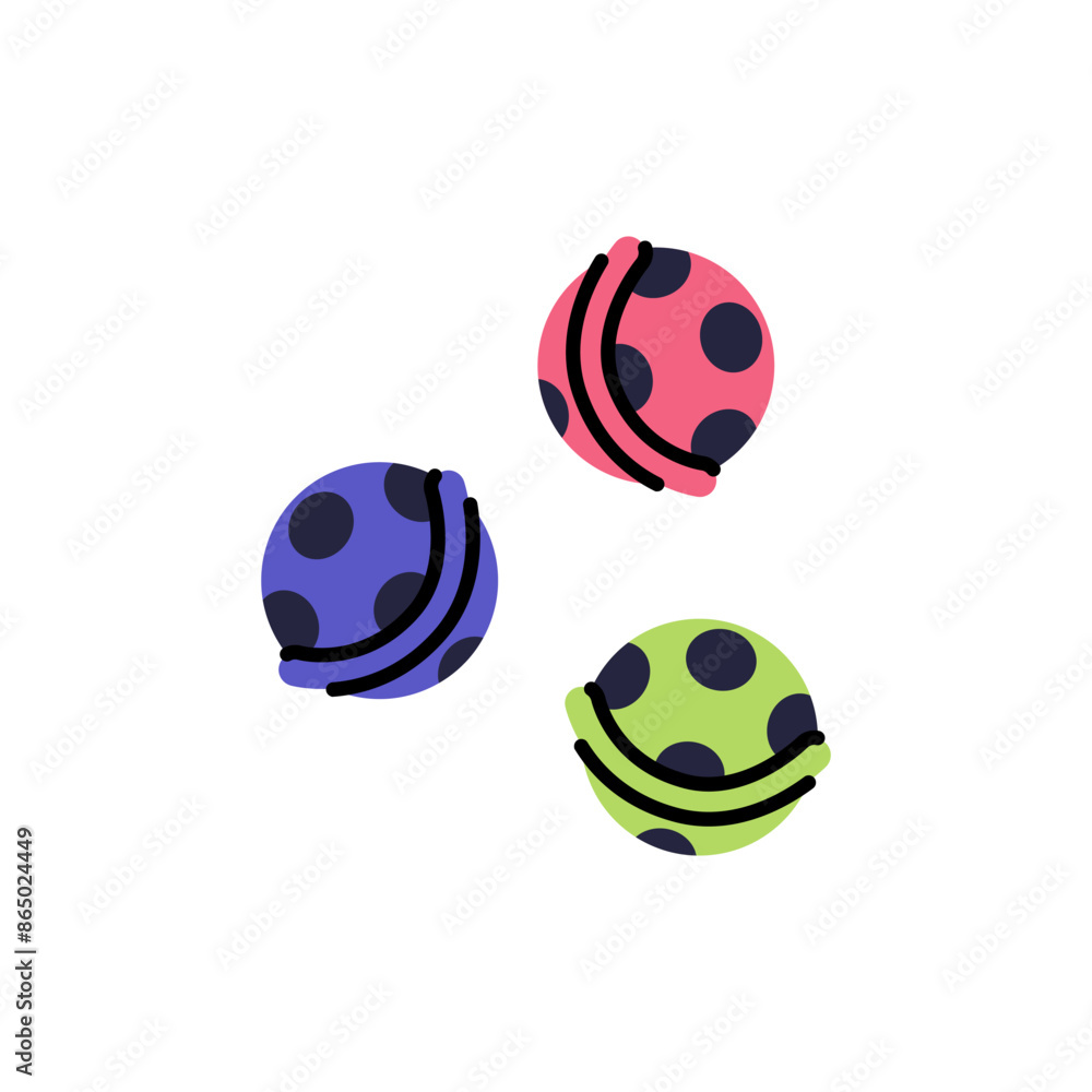 Colourful bells to cats play. Kitten balls for fun. Pet toys with round shape. Accessories for care about kitties. Supplies for playful domestic animals. Flat isolated vector illustration on white Colourful bells to cats play. Kitten balls for fun. Pet toys with round shape. Accessories for care about kitties. Supplies for playful domestic animals. Flat isolated vector illustration on white
