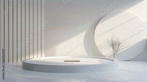 A sleek 3D-rendered white podium with soft lighting, placed in a minimalist studio with abstract geometric shapes in the background, ideal for showcas