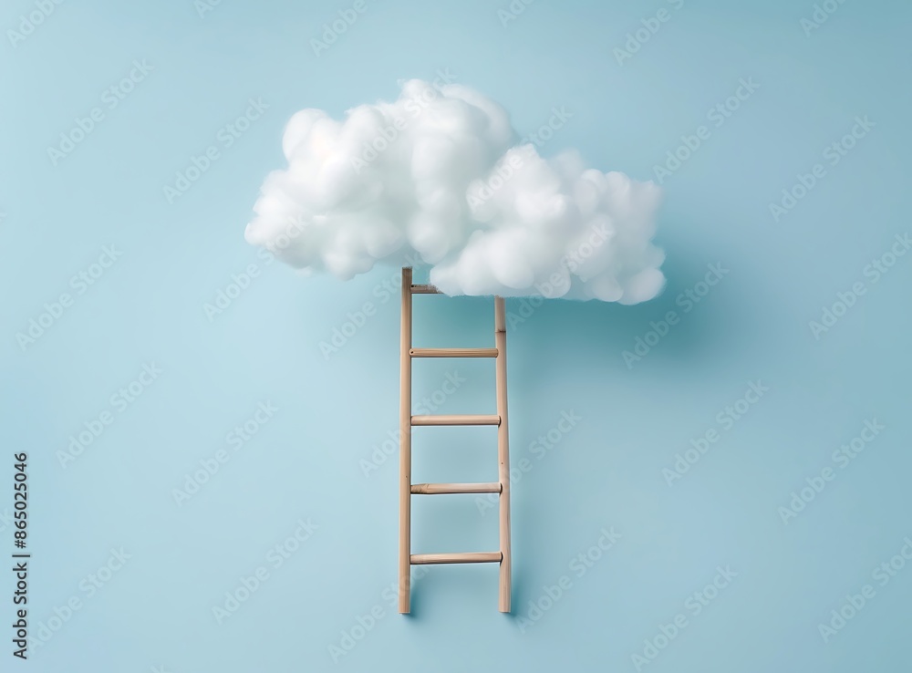 ladder to the cloud on pastel blue background minimal concept of success and dream coming true, white cotton clouds with wooden ladder on light blue color background, copy space for text ladder to the cloud on pastel blue background minimal concept of success and dream coming true, white cotton clouds with wooden ladder on light blue color background, copy space for text