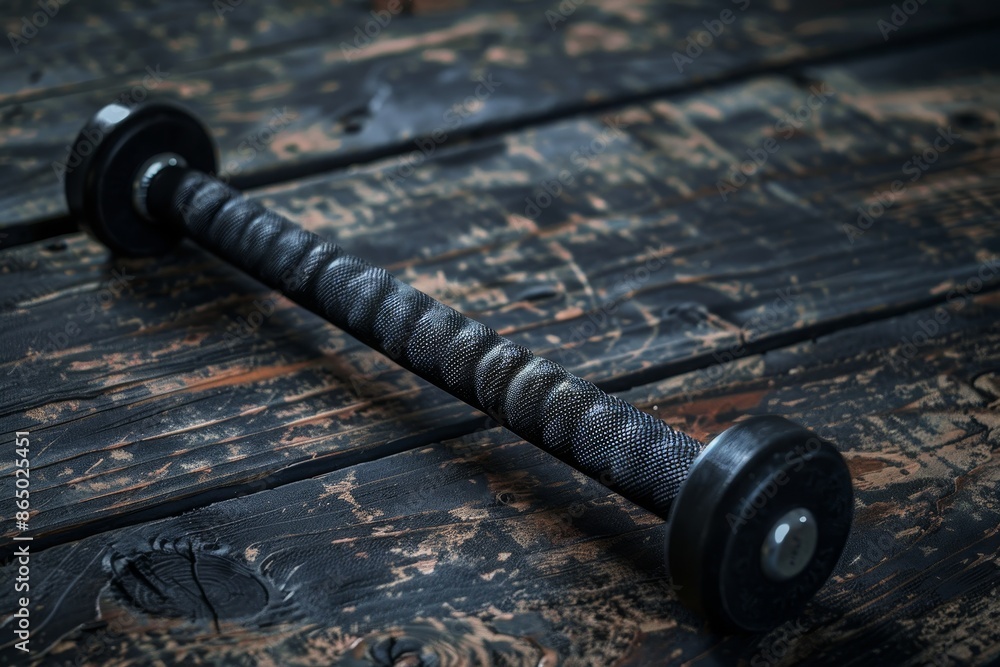 Obraz premium Close up view of a metal object placed on a wooden surface, A tool that is used for performing a variety of exercises to enhance overall fitness level
