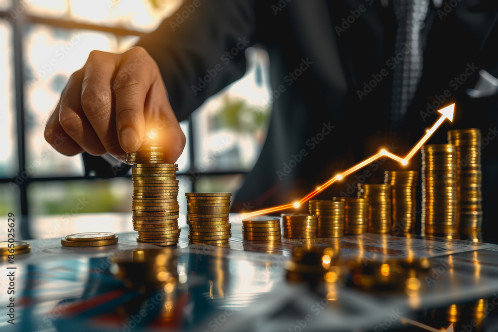 Businessman stacking glowing coins, representing financial growth and investment. Businessman stacking glowing coins, representing financial growth and investment.