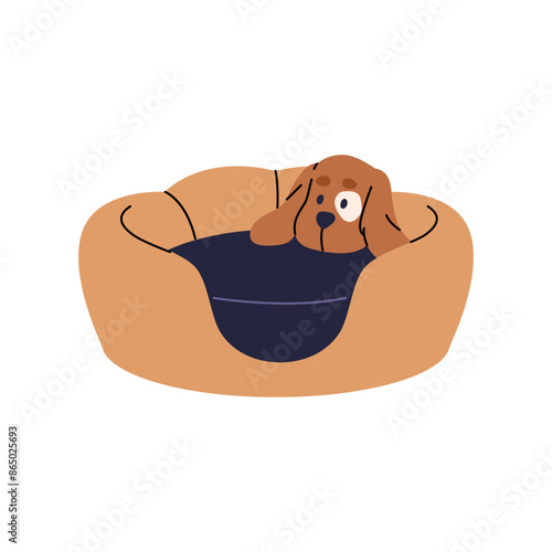 Cute bed for puppy. Soft basket for cats. Adorable cushion for dogs. Supplies, furniture for pet sleeping. Cot, nest, pillow for domestic animal. Flat isolated vector illustration on white background