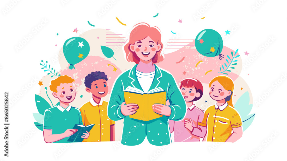 Joyful Teacher Reading a Story to Attentive Children Illustration Joyful Teacher Reading a Story to Attentive Children Illustration