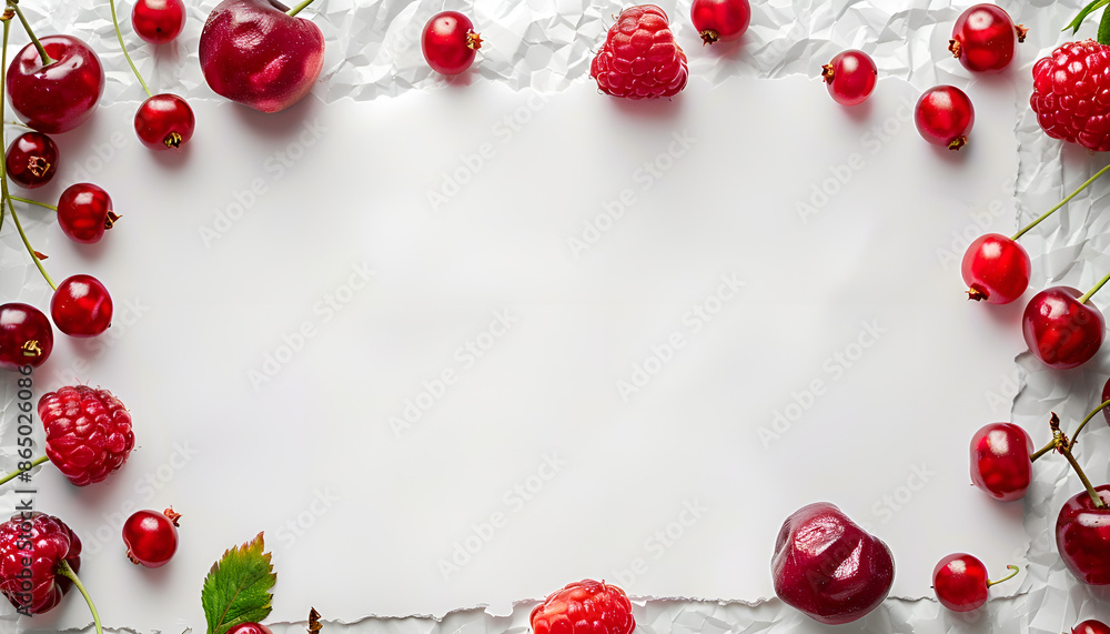 Various fresh summer berries around paper on white wooden table. Top view Various fresh summer berries around paper on white wooden table. Top view