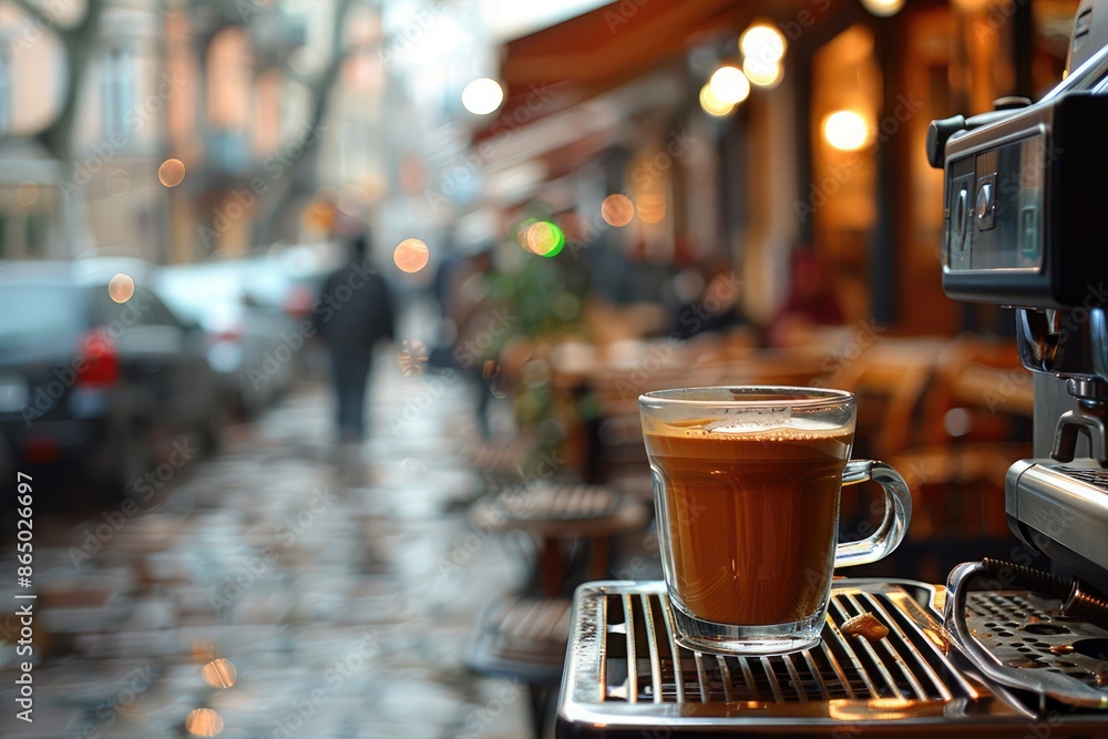 Coffee machine preparing latte coffee in a transparent mug in a street cafe Coffee machine preparing latte coffee in a transparent mug in a street cafe