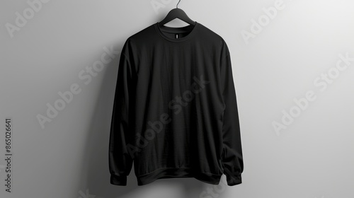 Mockup of a black long sleeve t shirt on a hanger against a blank wall