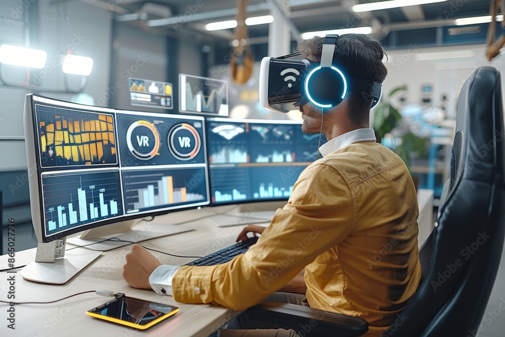 Man using VR headset in a high-tech control room, exploring advanced virtual reality simulations for professional applications. Man using VR headset in a high-tech control room, exploring advanced virtual reality simulations for professional applications.