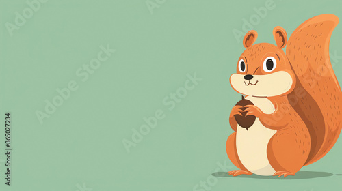 A cute squirrel is sitting on a tree branch. The squirrel is holding an acorn in its paws. photo